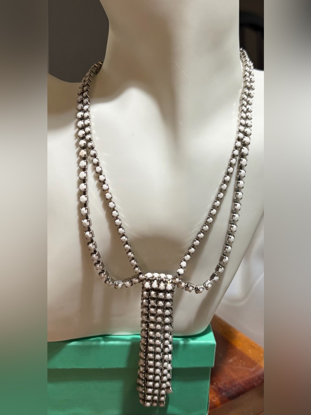 Vintage White and Silver Double Strand Rhinestone Necklace
